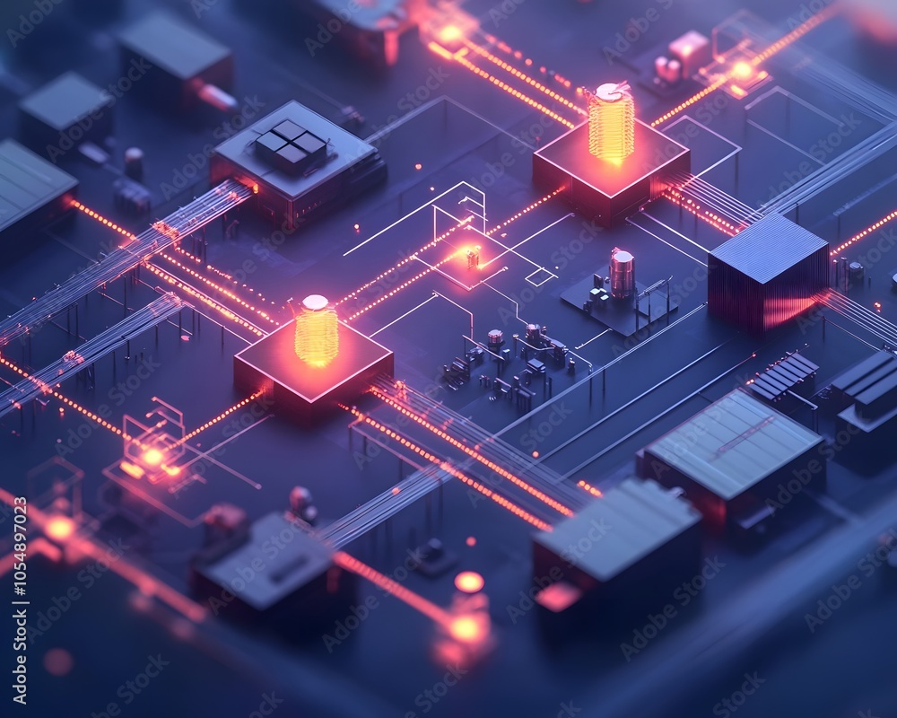 Poster abstract representation of a digital circuit with glowing lines and components, illustrating modern 