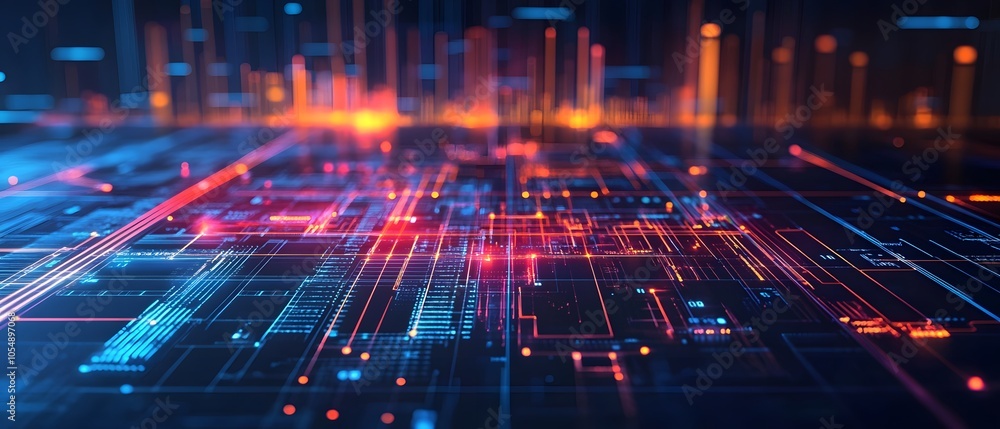 Poster abstract technology background featuring glowing lines and nodes, representing digital innovation an