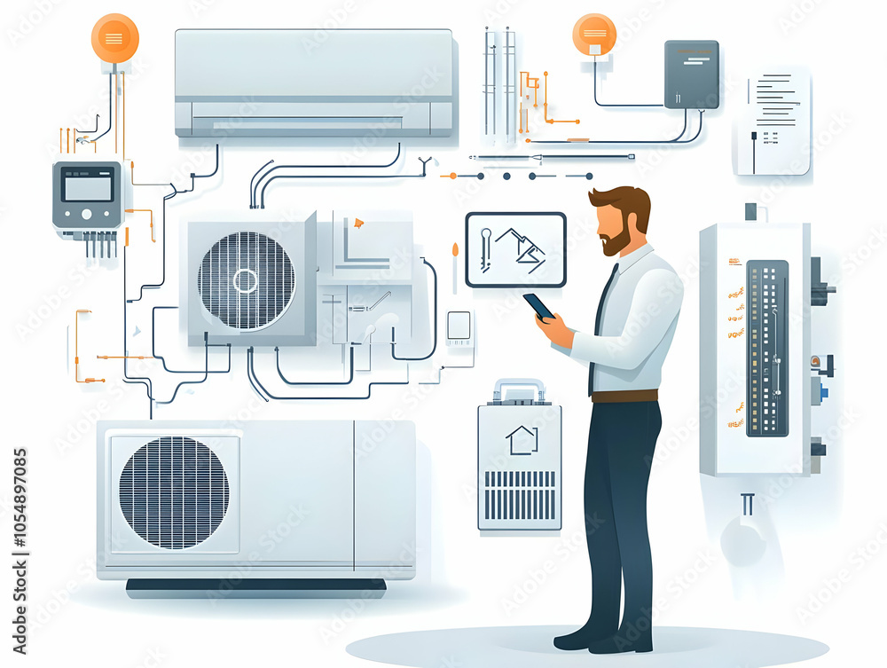 Poster flat automated energy management: wide angle shot of homeowner using smartphone to control automated