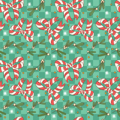 Festive Candy Cane Bow and Mistletoe Repeat Pattern Design