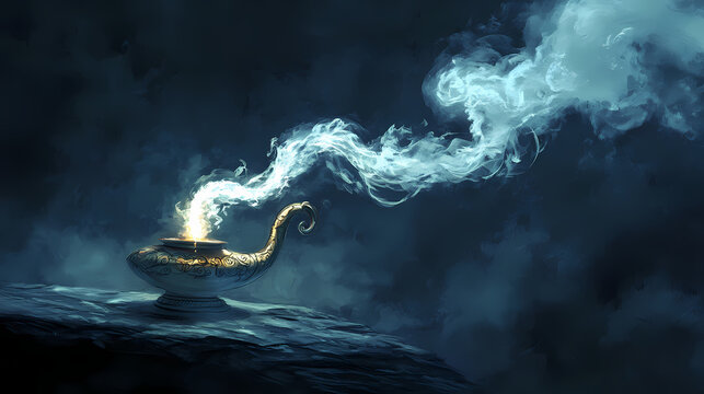 Soft light emanates from a vintage aladdin-style lamp, as swirling white smoke dances in the dark, inviting magical genie dreams and wishful thinking. Djinn in a Lamp. Illustration