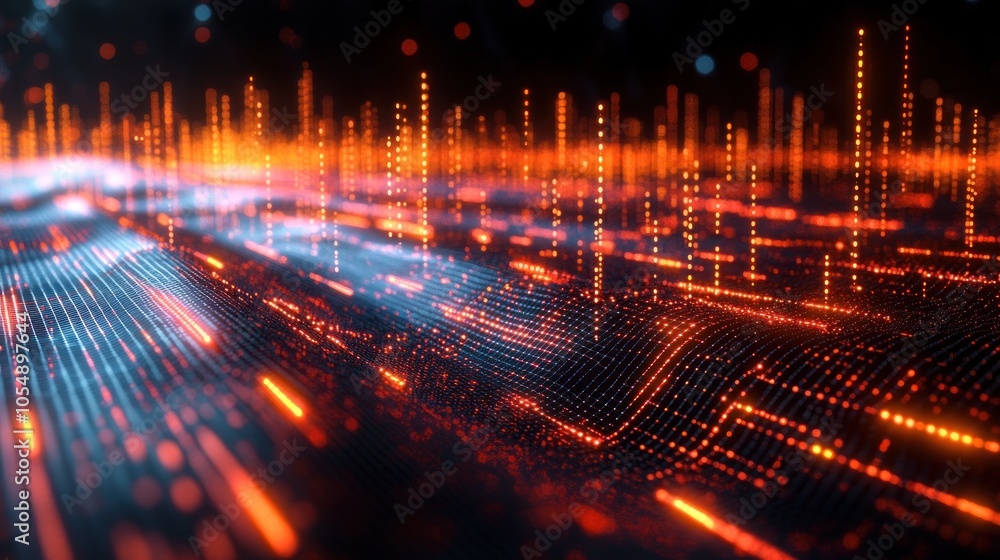 Poster abstract digital landscape with glowing lines and data visualizations.