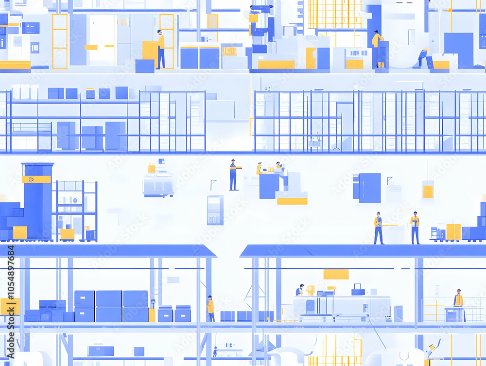 Poster flat automated warehouse operations concept: wide angle shot of workers overseeing robots in large w