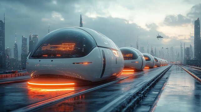 Gliding futuristic transport pods illuminate an advanced urban sci-fi cityscape, featuring a sleek, innovative design and glowing tracks. - Powered by Adobe