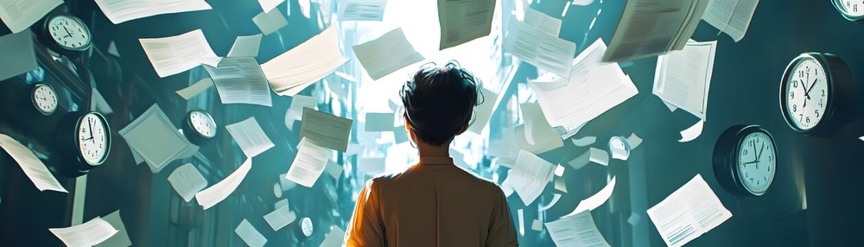 An individual stands amidst swirling papers and clocks, symbolizing the chaos of time and information in a creative environment.