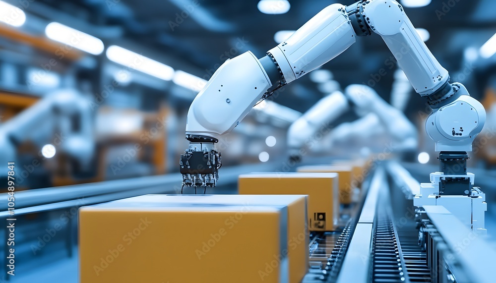 Poster automated robotic arm efficiently handling boxes on a conveyor belt in a modern warehouse setting.