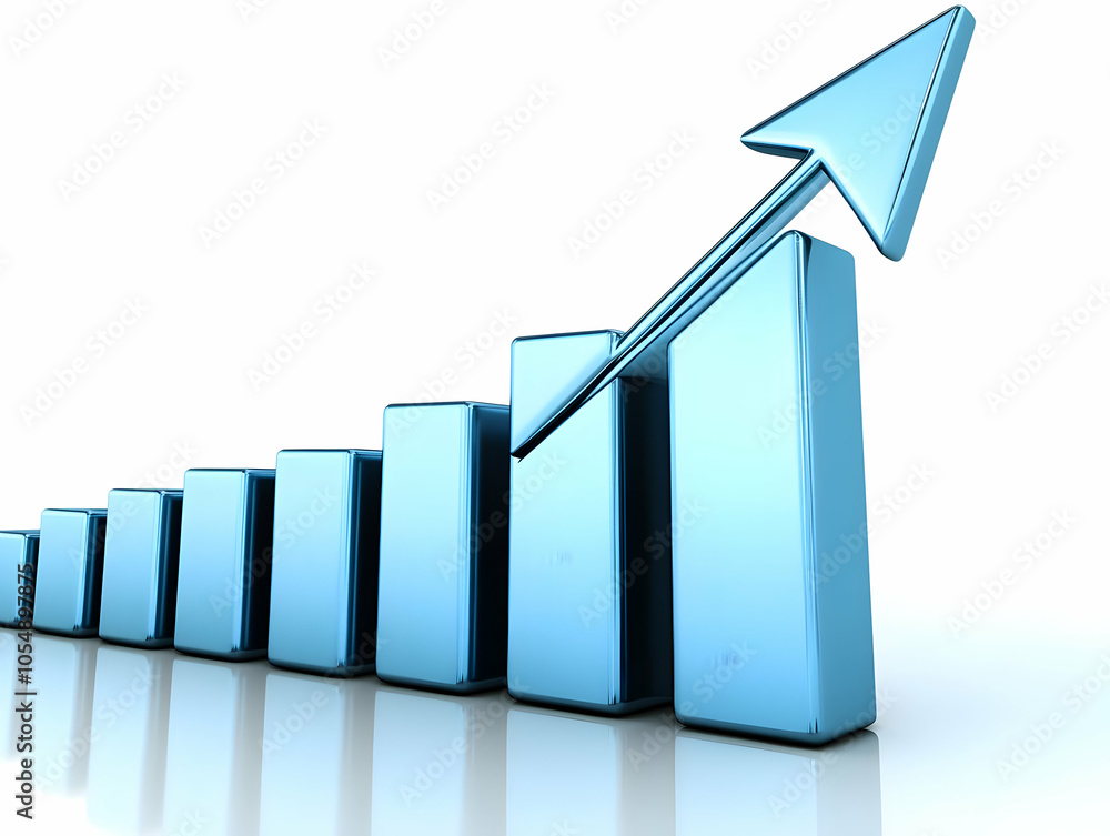 Poster flat bar chart with glowing upward arrow concept - simple floating bar chart representing mastery in