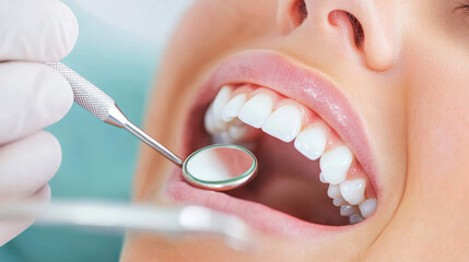 A close up view of dental examination, showcasing patients mouth with bright, healthy teeth. dental mirror is being used by professional, highlighting importance of oral hygiene and regular check ups