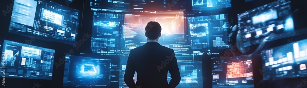 Aufkleber business professional analyzing data on multiple screens in a modern tech environment, illustrating 