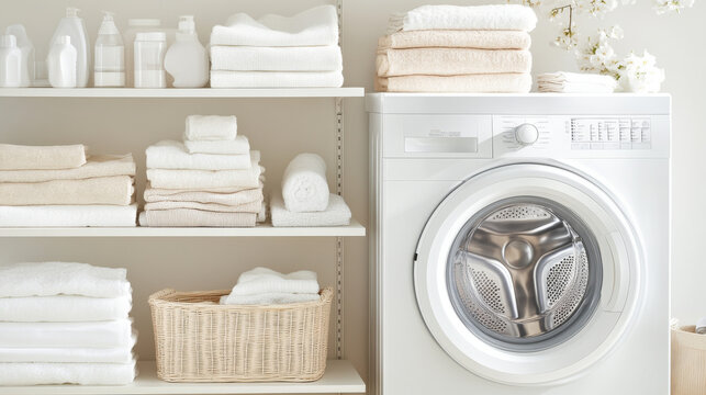 Freshly laundered towels and modern washing machine create serene laundry space. neutral colors and organized shelves evoke sense of cleanliness and calm
