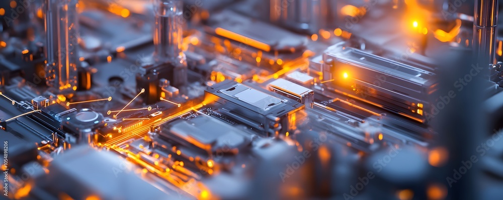 Poster close-up of a futuristic circuit board with glowing elements, showcasing advanced technology in elec