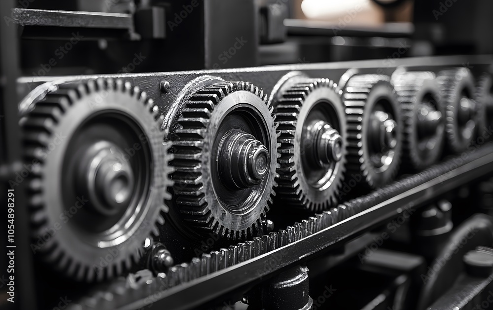 Poster close-up of industrial gears in motion, showcasing intricate details of machine mechanics and engine