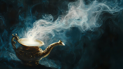 Soft light emanates from a vintage aladdin-style lamp, as swirling white smoke dances in the dark, inviting magical genie dreams and wishful thinking. Djinn in a Lamp. Illustration
