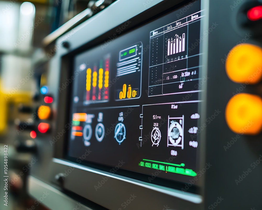 Poster close-up view of a modern control panel displaying various metrics and graphs, showcasing advanced t