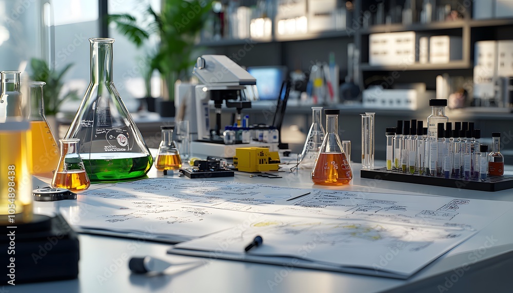 Poster close-up view of a modern laboratory setup with beakers, flasks, and a microscope on a cluttered tab