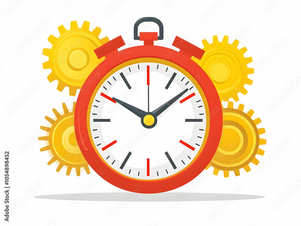 Poster flat clock icon with floating gears for time management and innovation in mechanical systems - infog