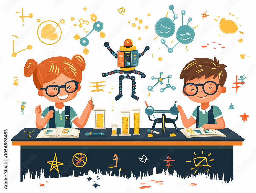 Poster flat vector illustration of children engaging with educational robots in classroom, showcasing robot