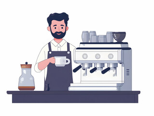 Candid Barista Preparing Coffee in Bustling Caf? Illustration | Mastery in Coffee Making & Innovative Caf? Trends | Flat Vector Art for Business, Marketing, and Hospitality Concepts