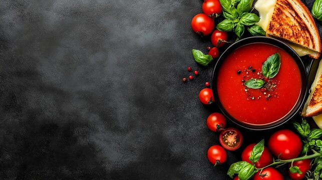 A bowl of tomato soup with fresh basil and peppercorns, surrounded by tomatoes and grilled cheese.