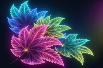Soft glowing fractal Leaves in neon colors. Created with Generative AI Technology