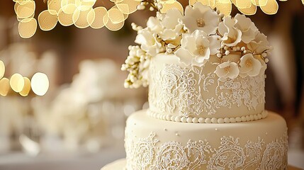 Elegant White Wedding Cake with Lace Detail and Flowers