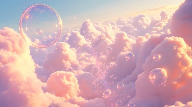 Dreamy scene of pastel clouds with shimmering bubbles floating in the sky, evoking a sense of tranquility and wonder.