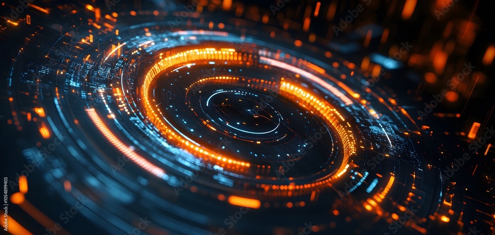 Poster futuristic abstract design featuring vibrant orange and blue circles, creating an energetic and dyna