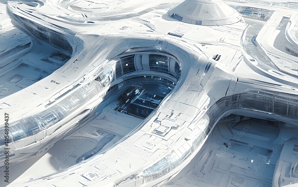 Poster futuristic architectural design showcasing sleek, white structures with intricate patterns and flowi