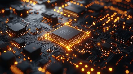 A close-up of a computer CPU with glowing orange lights on a circuit board. The image evokes technology and innovation.
