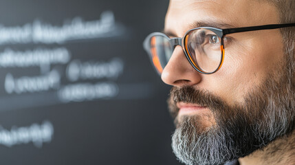 A thoughtful man with glasses gazes intently, reflecting on ideas and concepts. His beard and focused expression convey sense of wisdom and contemplation