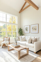 Fototapeta premium A bright and airy living room featuring white sofa adorned with decorative pillows, wooden coffee table, and large windows showcasing beautiful autumn view. space exudes warmth and comfort