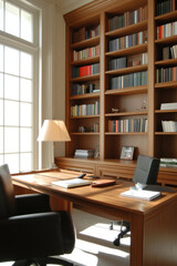Naklejka premium A well organized home office featuring wooden desk, comfortable chairs, and large bookshelf filled with books. natural light streaming in creates warm and inviting atmosphere