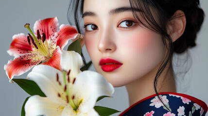 Fototapeta premium 百合と着物姿の女性
