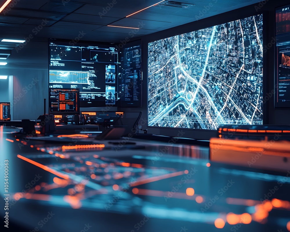 Poster futuristic control room with large screens displaying data and city maps in blue and orange lighting