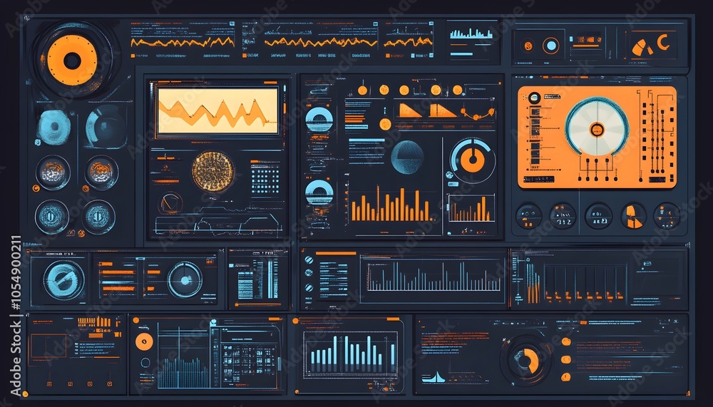 Poster futuristic dashboard interface with graphs, data visualizations, and controls, featuring vibrant col