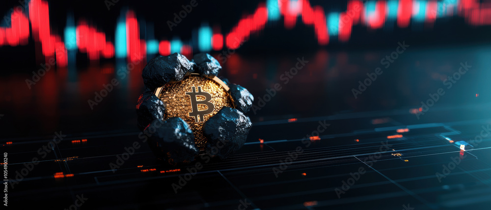 Poster golden bitcoin surrounded by black rocks on digital background with fluctuating graphs, symbolizing 