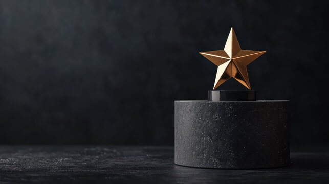 prestigious gold star award on black pedestal, symbolizing excellence and achievement. This elegant trophy stands out against dark background, evoking sense of honor and recognition