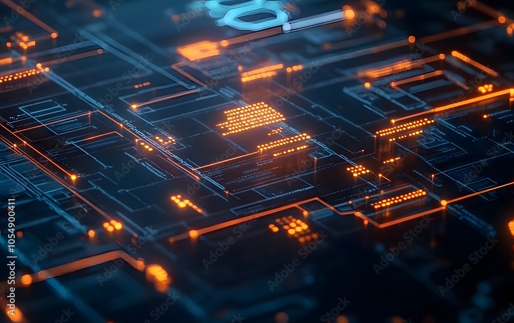 Poster futuristic digital circuit board design with glowing circuits and connections, showcasing advanced t