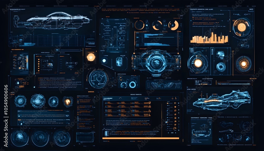 Poster futuristic digital dashboard interface displaying vehicle data, including metrics, graphs, and custo