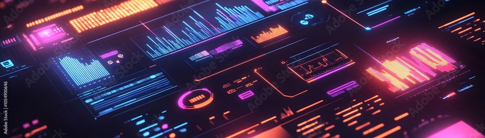 Poster futuristic digital dashboard with vibrant graphs and data visuals, ideal for tech and cybersecurity 