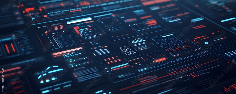Poster futuristic digital interface displaying advanced technology features in dark tones with glowing acce