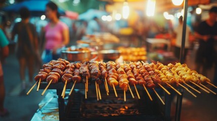 Lively Outdoor Festival with Skewered Meats and Vegetables