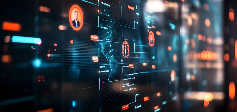 Futuristic digital interface displaying data connections and user profiles, embodying advanced technology and innovation.