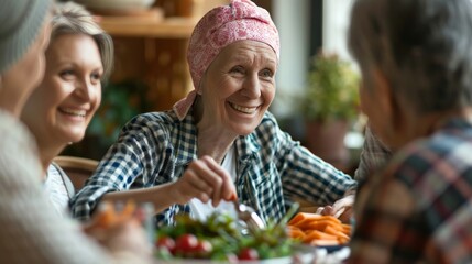 A cancer patient surrounded by supportive friends, sharing a meal