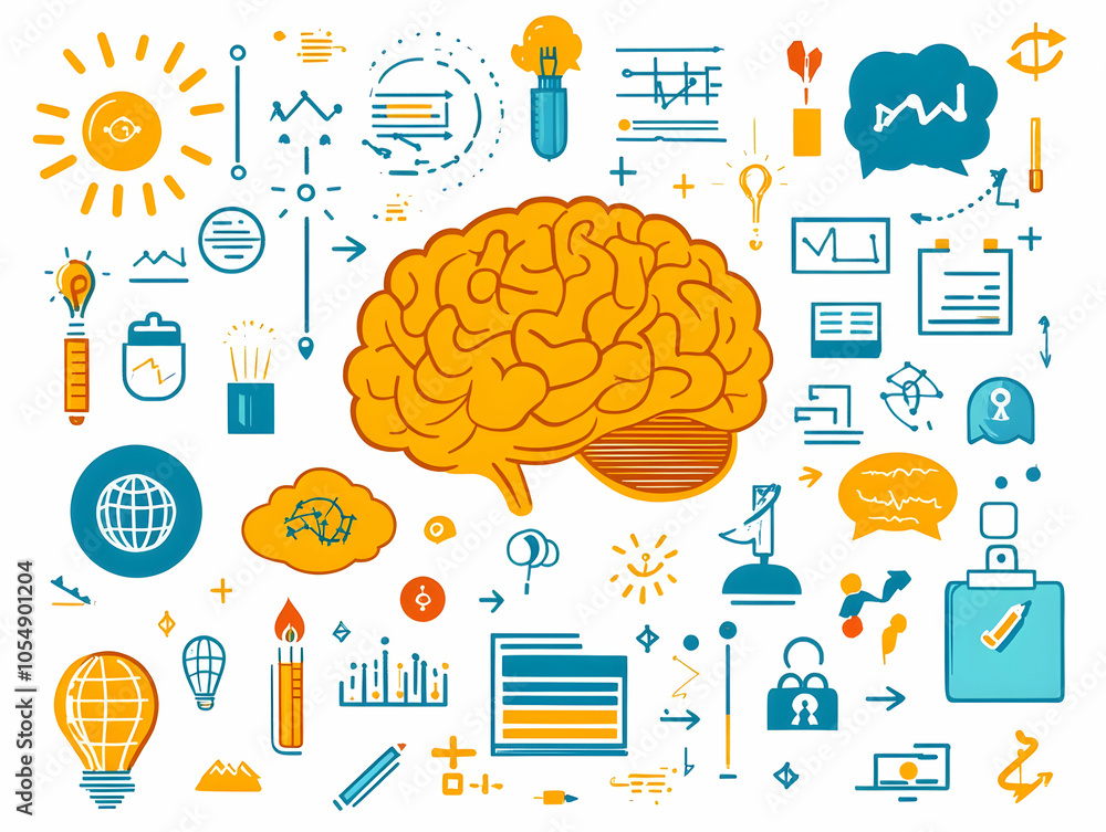 Poster flat floating ai brain glowing neural networks growth icons holographic technology business concept 