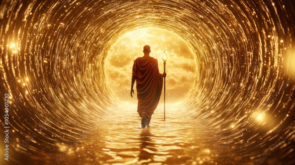 Poster an awe-inspiring image of an ancient wizard walking through a mystical portal of light and reflectio