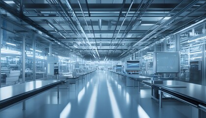 Futuristic industrial space with bright lighting, sleek surfaces, and advanced technology. Perfect for modern manufacturing themes.