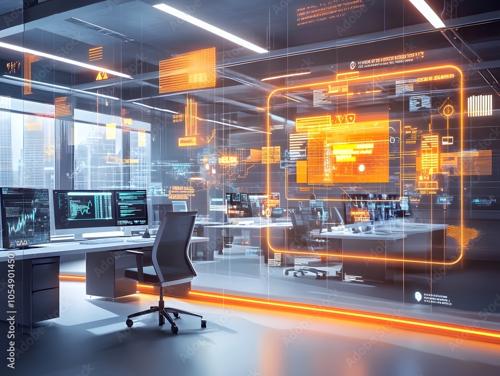 Poster futuristic office space with digital interface and data visualization, featuring modern computer wor