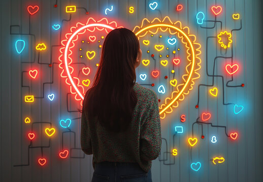 Illustration of a heart shape background with neon lights and social media icons on a pastel background.