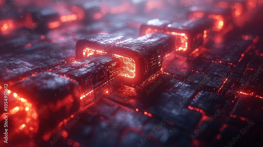 Poster a stunning visual of futuristic blockchain technology. vibrant neon red lights illuminate digital bl
